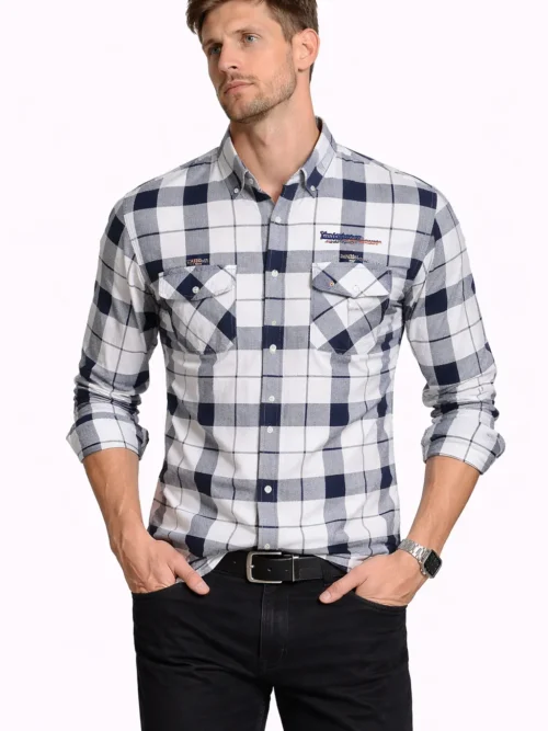 V20 Dark Navy Blue & White Checkered Casual Shirt Men(1568)