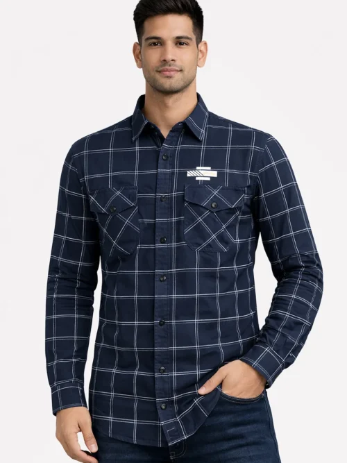 Men’s Navy Blue Checked Full Sleeve Premium Shirts(1537)