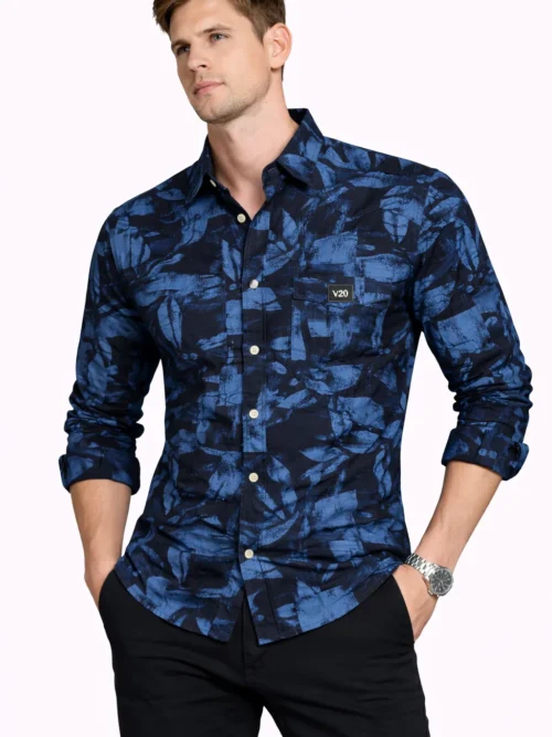 V-20 Navy Blue & Black Leaf Full Sleeve Shirt for Mens(1536)