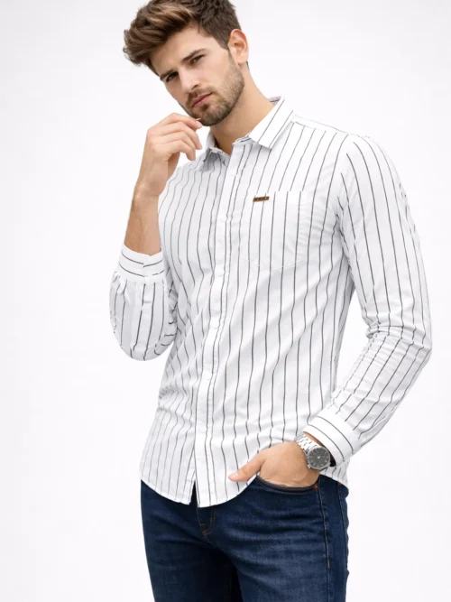 V20 White Vertical Striped Casual Full Sleeve Shirt For Men (1534)
