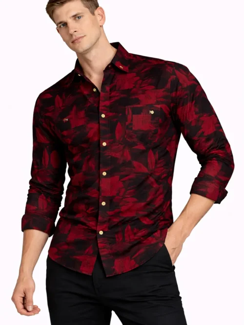 V-20 Black & Red Leaf Printed Full Sleeve Shirt For Mens(1536)