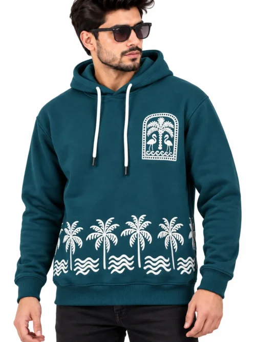 Teal Blue Printed Winter Hoodie For Men  RK_643-26
