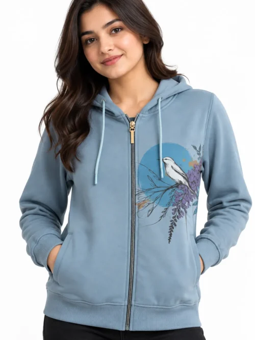 Women's Dusty Blue Floral Printed Winter Jacket   AT 4307