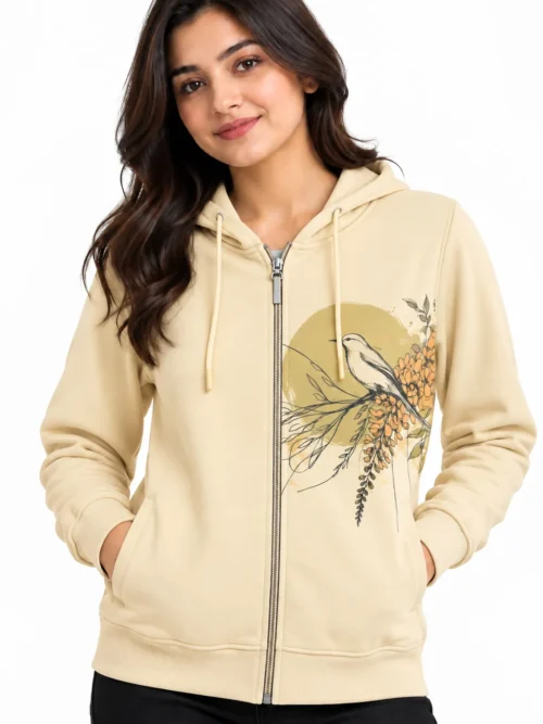 Women's Cream Floral Printed Winter Jacket  AT 4307