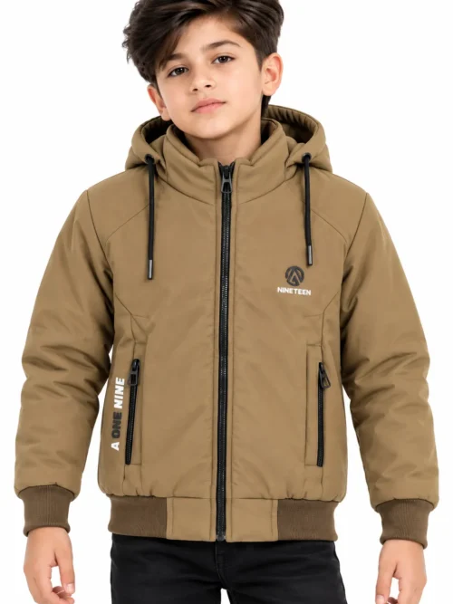 Kids' Khaki Brown Hooded Winter Jacket with Zipper  BB 13018