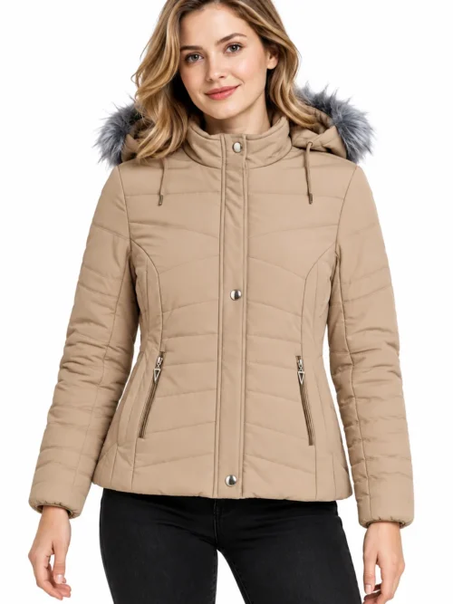 Women’s Beige Puffer Winter Jacket with Hood LM 2056