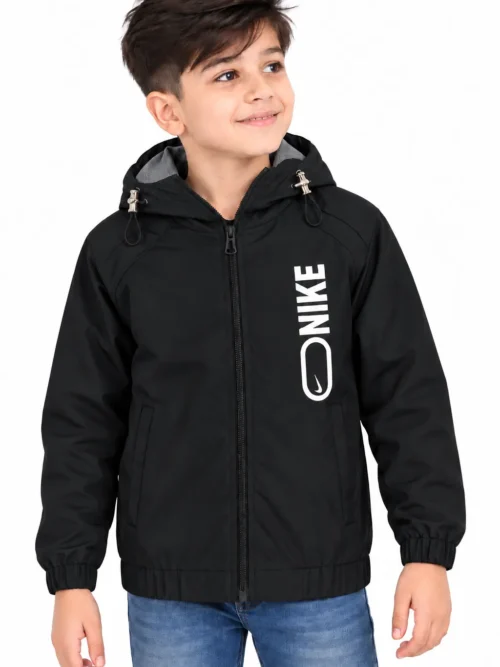 Boys' Black Hooded Winter Jacket with Front Zipper BB 3170