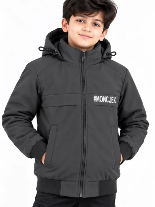 Kids Dark Grey Hooded Winter Jacket with Zip Closure BB 3790