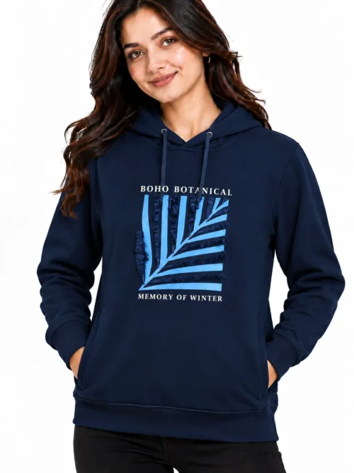 Women's Navy Blue Printed Winter Hoodie  AT 2909