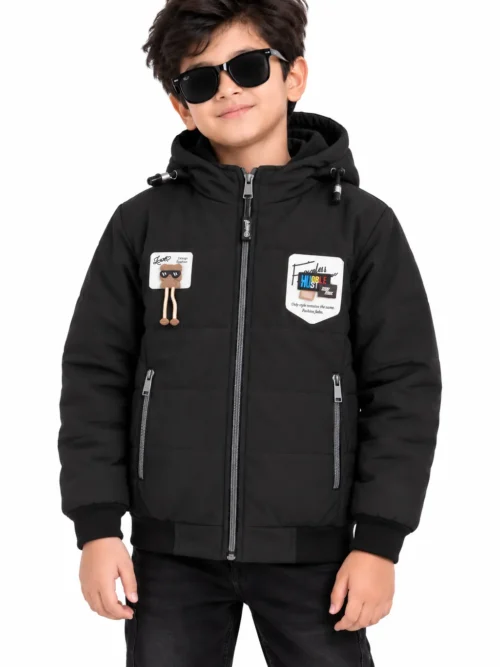 Kids Black Hooded Winter Jacket with Zip Pockets  BC 5649