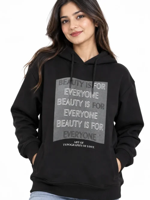 women's Premium black printed winter hoodie   AT 2918