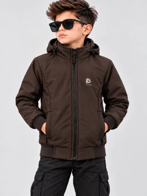 Kids Chocolate Brown Hooded Winter Jacket with Full Zip  BB 3290