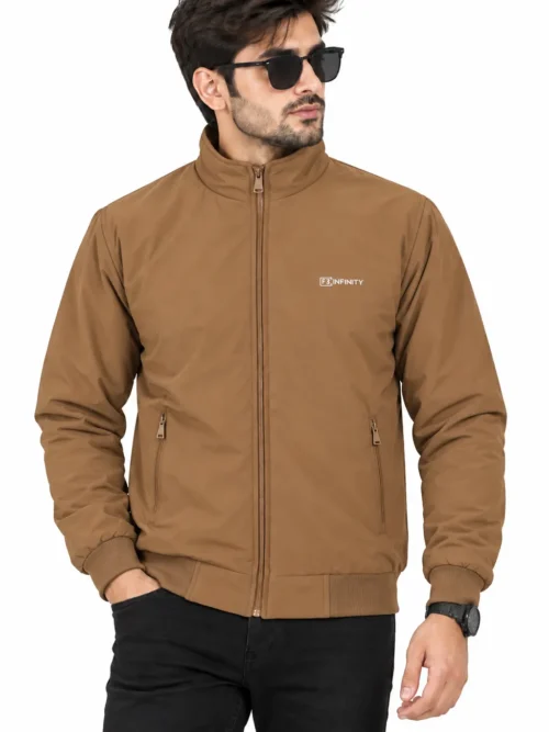 Men's Tan Brown Winter Jacket with Stand Collar , Pockets  HP 790