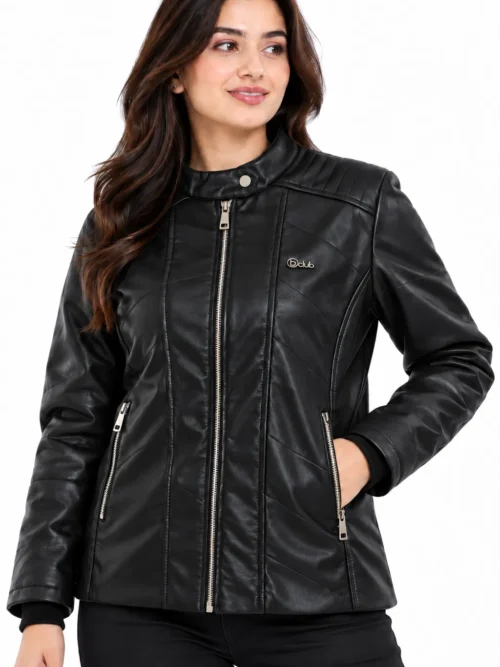 Women's Black Faux Leather Winter Jacket  BC 4692-B