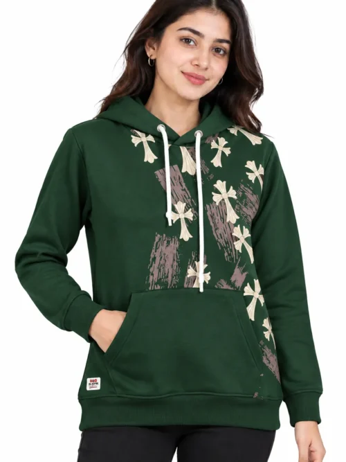 Dark Green Floral Printed Winter Hoodie for Women  NGH 2T-210-14