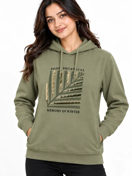 Women's Olive Green Printed Winter Hoodie  AT 2909