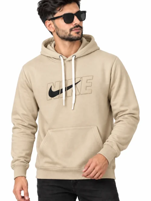 Men's beige printed hoodie with white drawstrings NGH 2T-215-1