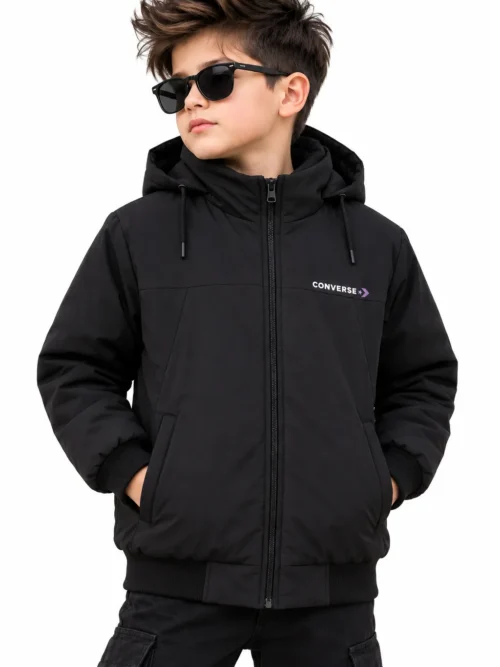 Kids Black Hooded Winter Jacket with Front Zip BB 3250