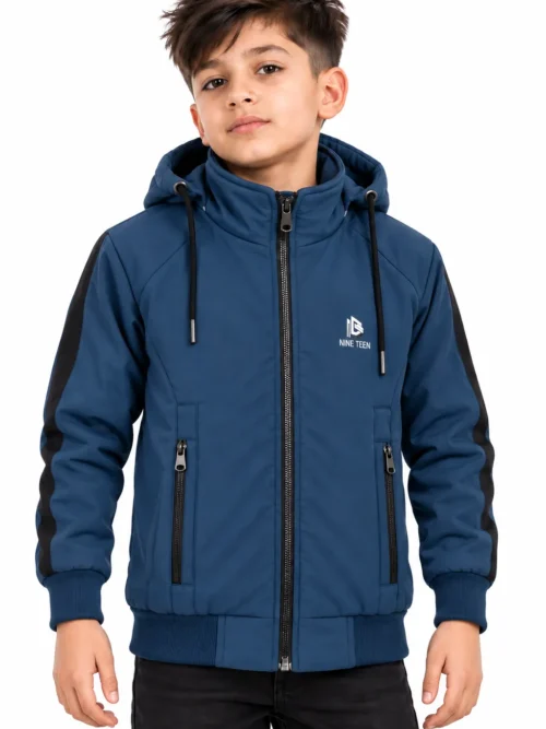 Kids Steel Blue Hooded Winter Jacket with  Zip Pockets  BB 3290