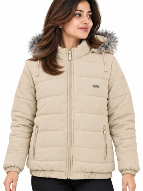 Women's Light Beige Puffer Winter Jacket with Fur Hood  BC 4647
