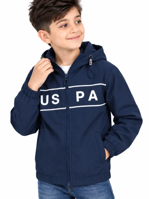 Kids Navy Blue Hooded Winter Jacket with White Stripe BB 3150