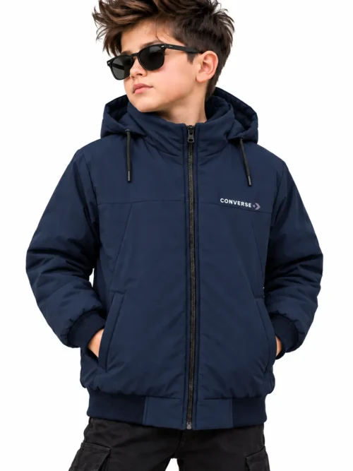 Kids Navy Blue Hooded Winter Jacket with Front Zip  BB 3250