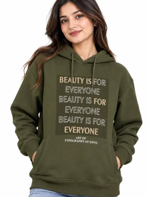 Women's Olive Green Printed Winter Hoodie  AT 2918