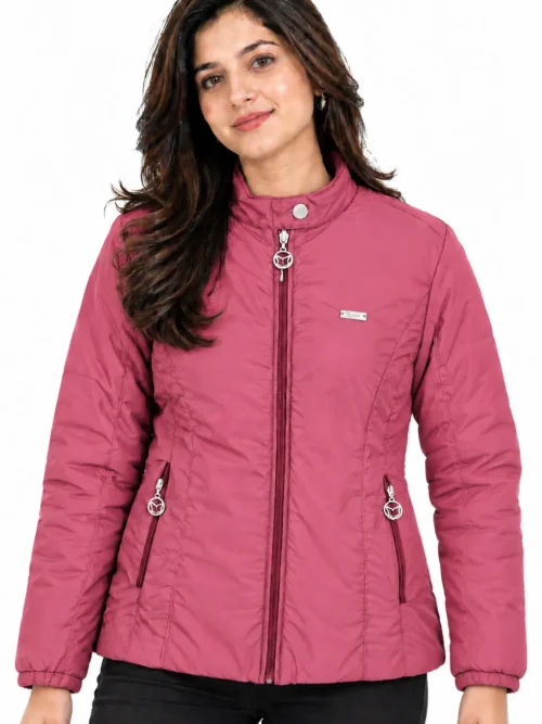 stylish pink winter jackets for women with high collar LM 1633