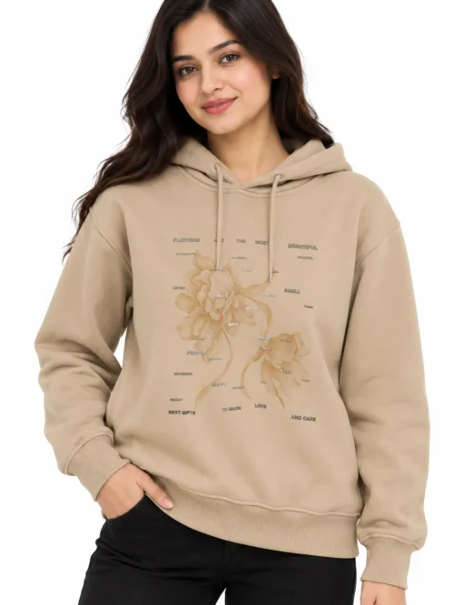 Women's Beige Floral Printed Winter Hoodie  AT 2920