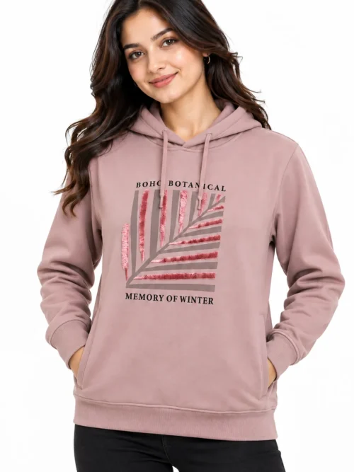 Women's Dusty Pink Printed Winter Hoodie  AT 2909