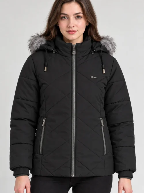 Women's Black Hooded Winter Jacket with Fur Trim BC 4674
