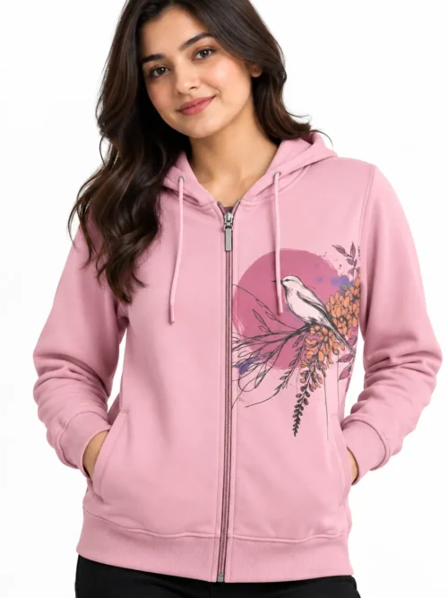 Women's Pink Premium Floral Printed Winter Jacket  AT 4307