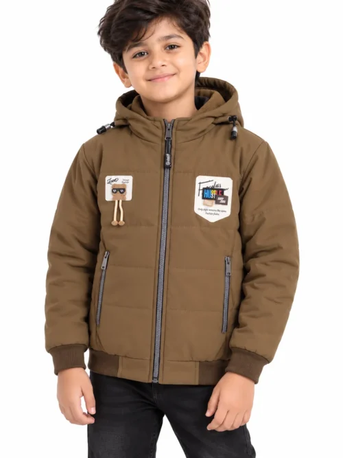 Kids Brown Hooded Winter Jacket with Zip Pockets  BC 5649
