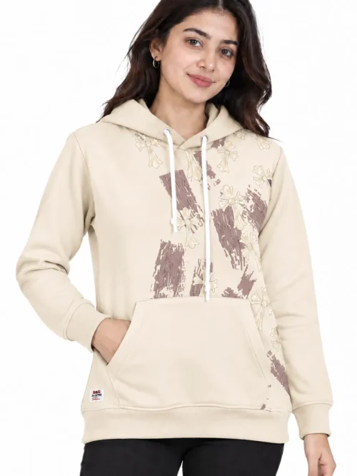 Cream Floral Printed Winter Hoodie for Women  NGH 2T-210-14