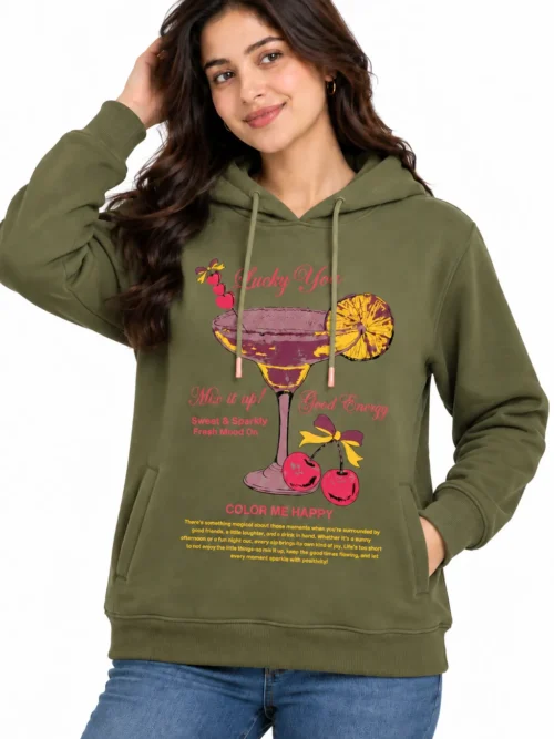 Women's Olive Green Printed Winter Hoodie  AT 2907