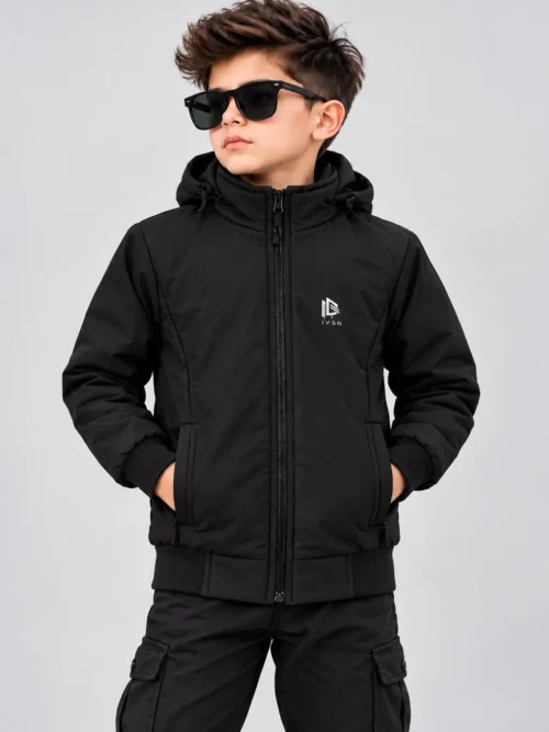 Kids Black Hooded Winter Jacket with Side Pockets  BB 3290