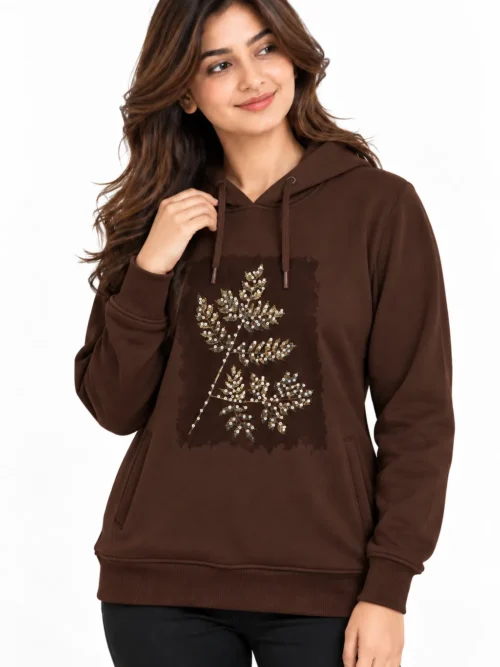 Women's Chocolate Brown Sequin Winter Hoodie  AT 2902