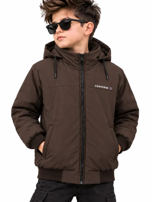 Kids Dark Brown Hooded Winter Jacket with Front Zip  BB 3250