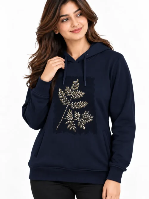 Women's Navy Blue Sequin Winter Hoodie  AT 2902
