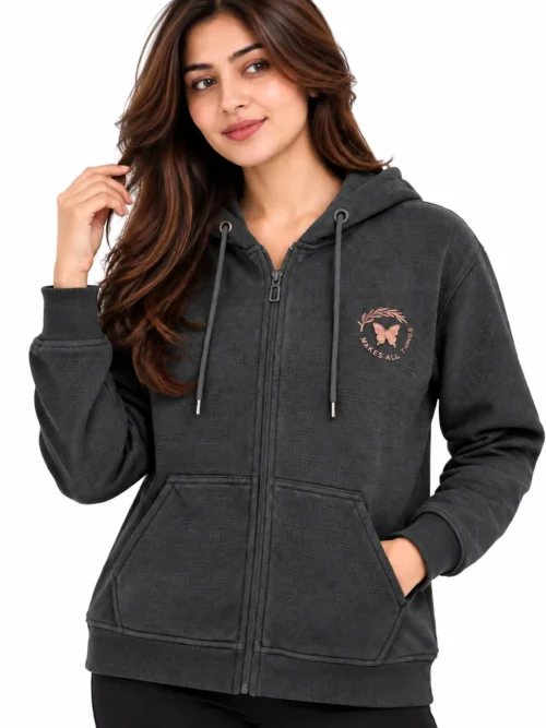 Women's Charcoal Grey Textured Hooded Winter Jacket  SK 5950