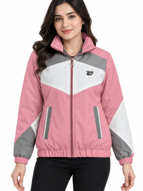 stand collar Pink Winter Jacket for Women BB 8500