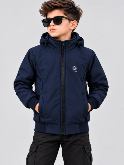 Kids Navy Blue Hooded Winter Jacket with Front Zipper  BB 3290