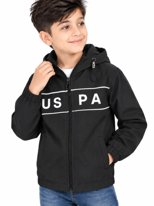 Kids' Black Hooded Winter Jacket with White Stripe  BB 3150