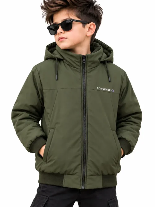 Kids Olive Green Hooded Winter Jacket with Side Pockets BB 3250