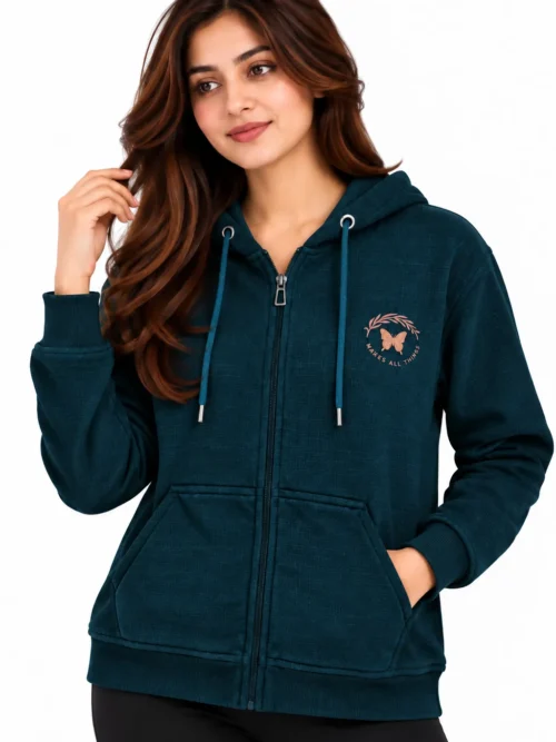 Women's Teal Blue Textured Hooded Winter Jacket  SK 5950
