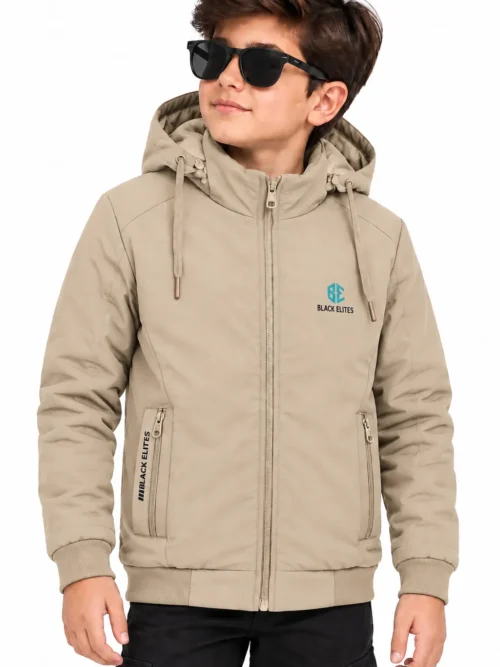 Boys Beige Hooded Winter Jacket with Zipper Pockets  BB 4100