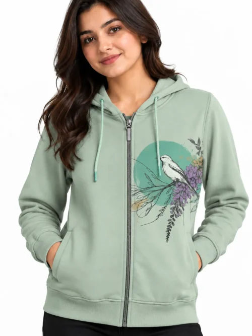 Women's Mint Green Floral Printed Winter Jacket   AT 4307