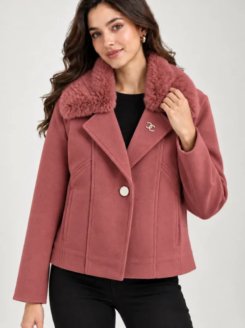 Women’s Rose Pink Fur Collar Winter Jacket  AK 89148