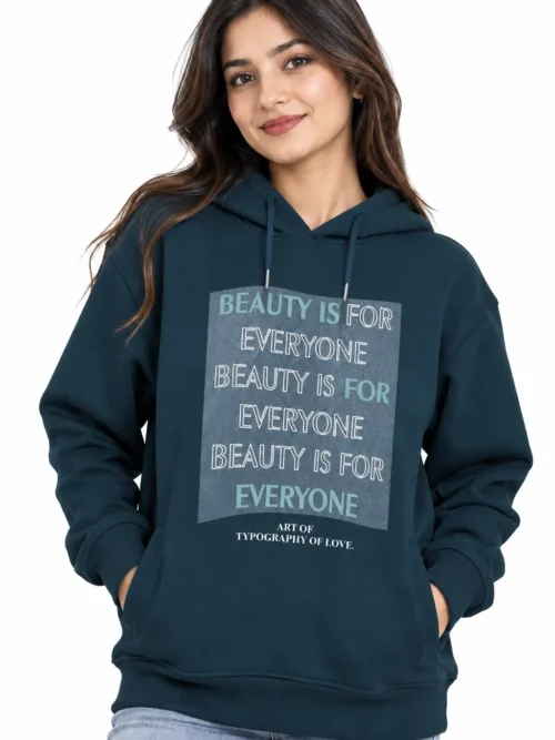 Women's Teal Blue Premium Printed Winter Hoodie  AT 2918
