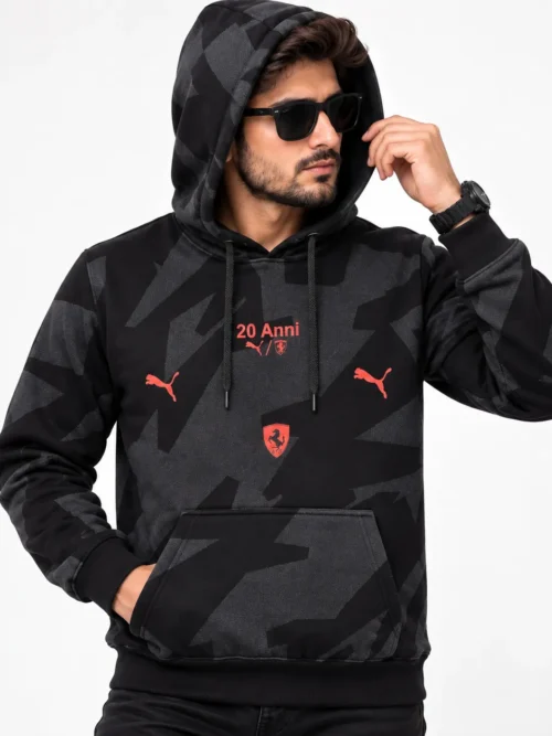 Men's Black Printed Winter Hoodie with Kangaroo Pocket  AI 9200